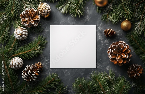 Festive Winter Table Setting With Decorations and Blank Card on Blue Background.