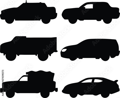 Collection of Car Silhouettes Depicting Various Vehicle Types from Trucks to Sedans Displayed in Black and White Format for Design Use