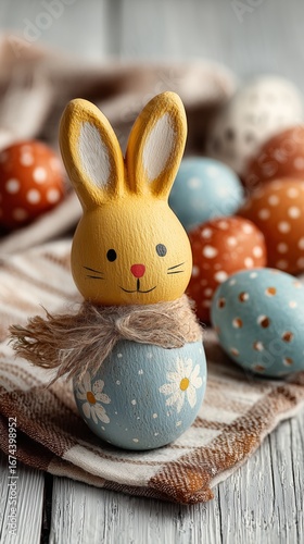 Cute Yellow Bunny Figurine With Pastel Colored Easter Eggs on Rustic Wooden B...