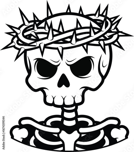 Cartoon skull with a crown of thorns rendered in black and white vector format