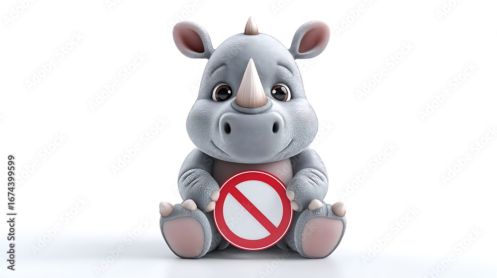 Naklejka premium rhino cartoon character with red line prohibition sign