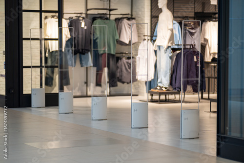 Radio-frequency security gates with integrated metal detector in a clothing store