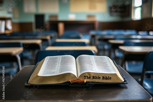 Open Bible on Desk in Empty Classroom at Midday Provides a Moment for Reflect...