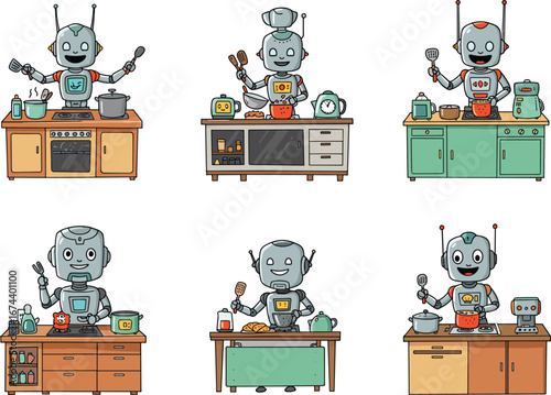 Funny kitchen robots cooking food, futuristic chefs illustration, humanoid AI characters with utensils, cartoon culinary robots clipart, flat vector drawing