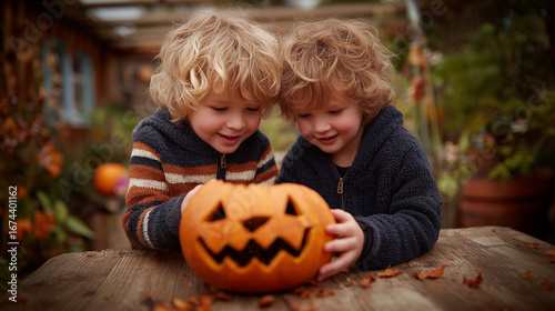 Children carving pumpkins together outdoors in autumn garden keywords: halloween, pumpkin carving, children, autumn, garden, october, family, activity, festive, seasonal, tradition