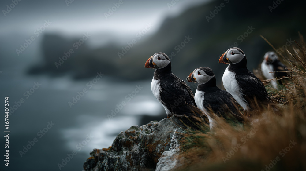Fototapeta premium several Atlantic puffins sitting together on mossy Icelandic rocks near the ocean