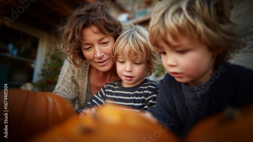 Children carving pumpkins together outdoors in autumn garden keywords: halloween, pumpkin carving, children, autumn, garden, october, family, activity, festive, seasonal, tradition