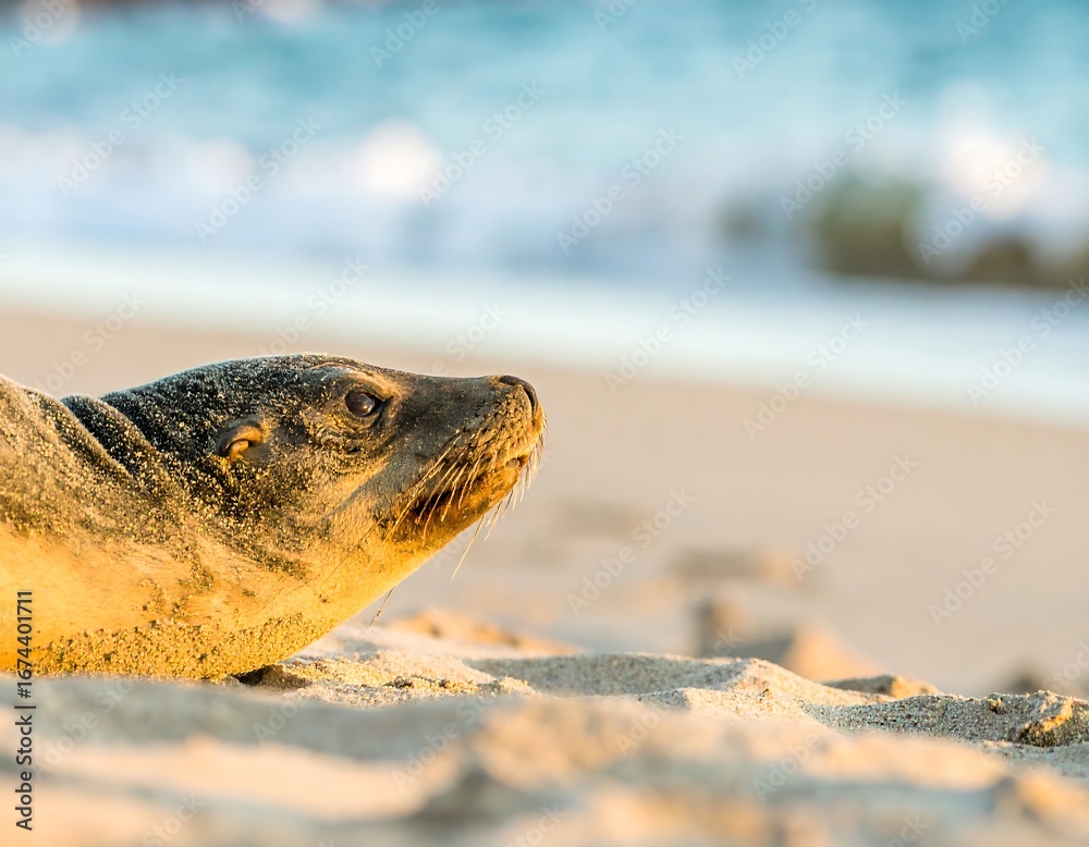 Obraz premium Close-up of a seal resting on a sandy beach at dawn