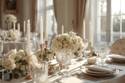 Romantic Wedding Reception Table with White Roses and Candles