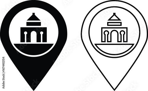 House Location icon Glyph Black Silhouette Icon Vector Design - Home symbol inside location pin with base shadow, representing fixed residence or address