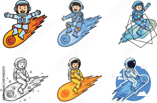 Cartoon astronauts riding meteors in space, cute kids in space suits on comets, space adventure flat vector illustration, fun design