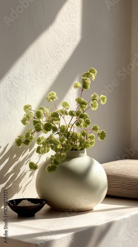 Green Plant in a Stylish Vase on a Windowsill With Sunlight Streaming In