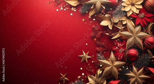 Festive Holiday Decorations With Red and Gold Elements for Seasonal Celebrati...