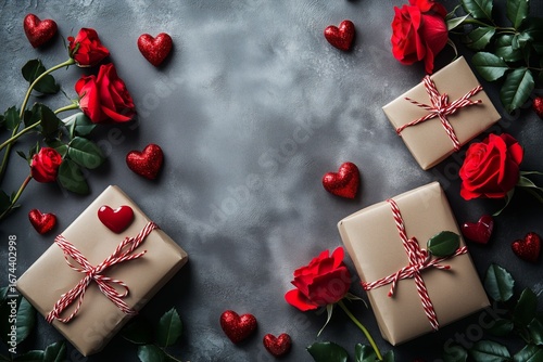 Festive Arrangement of Gifts, Roses, and Hearts for a Romantic Celebration