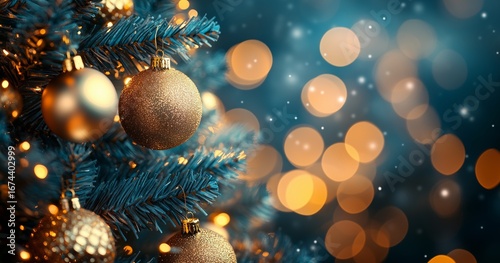 Winter Wonderland With Snowflakes Falling on Decorated Christmas Tree.