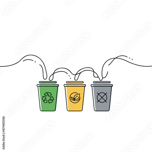 Three recycle bins with appropriate markings, representing the idea of sorting garbage, waste segregation. Waste segregation shows commitment to environmental conservation.
