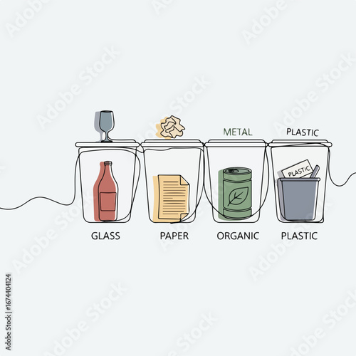 Recycling sorting bins contain glass, paper, organic, and plastic materials, demonstrating eco-friendly waste management, emphasizing the importance of proper Recycling sorting bins.