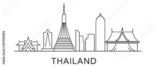 Outline Welcome to Thailand City Skyline with Line art Buildings. with white background