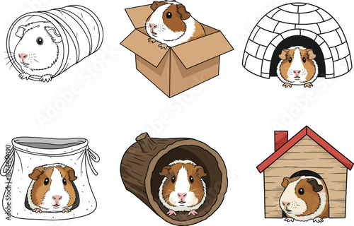 Cute guinea pigs in cozy hiding places, cartoon pet vector illustration, adorable small animal housing ideas, playful children’s art, whimsical design