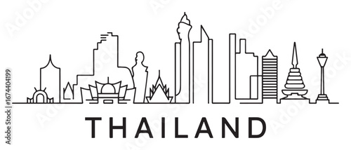 Outline Welcome to Thailand City Skyline with Line art Buildings. with white background