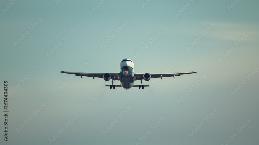 Fototapeta premium Commercial airplane soaring through the sky during mid-flight captured with a long telephoto lens