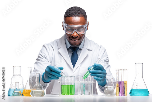 African American scientist mixes green liquid. Lab glassware holds colorful solutions. Use for science product photography or branding.