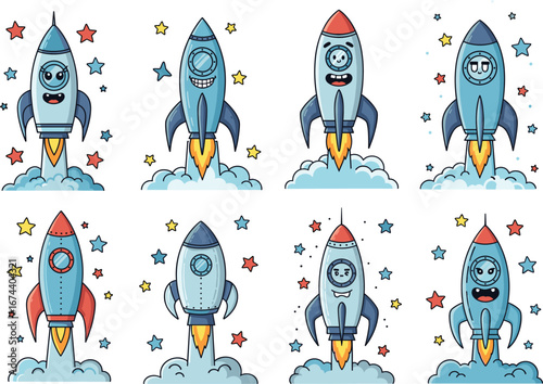 Cartoon rockets with faces, colorful rocket illustrations, cute space shuttle designs, vector rocket art, whimsical spacecraft, launch flames, smoke clouds, playful space trave