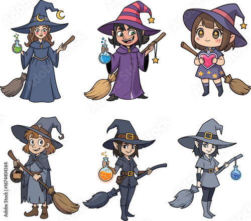 cartoon witch characters, broomstick and potion bottle, cute halloween vector set, magical girl illustration, fantasy costume design, flat cad drawing style, colorful character art
