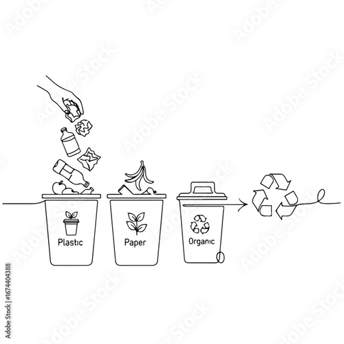 One line drawing demonstrates recycling separation, with hand throwing garbage into correctly labeled bins for plastic, paper, and organic waste, emphasizing recycling separation.