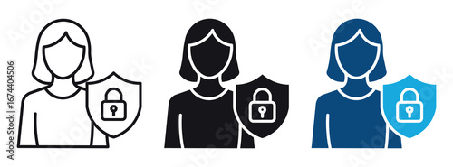 Woman  Icon Set with Shield, Safety and Protection Concept. Female Figure with Shield Security and Assurance . Isolated Vector Illustration.
