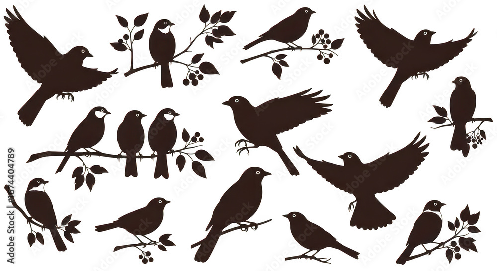 Fototapeta premium Bird silhouettes perched on branches isolated on transparent background