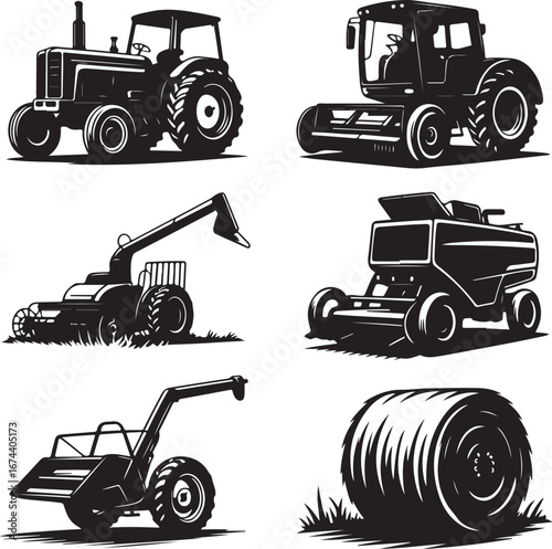 Monochrome Agricultural Machinery Collection A Silhouette Showcase of Farming Equipment and Tools for Harvesting and Land Cultivation