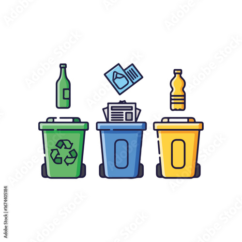 Recycling concept featuring three bins with different materials for recycling. Recycling bins showcase waste management and sorting for sustainable living,