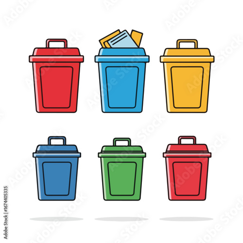 Colorful trash can collection displays containers in multiple vibrant hues. These trash can options can be utilized for recycling or general waste management, with bins in yellow, green, and blue.
