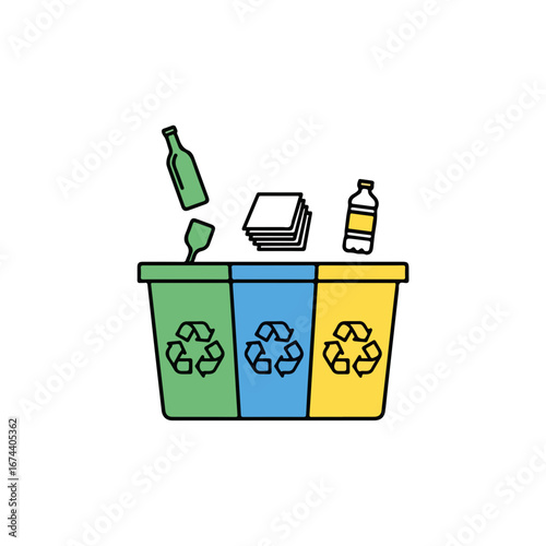 Recycling bin with three color coded compartments for waste sorting and processing. Recycling bin includes glass bottle, paper sheets, plastic container being thrown.