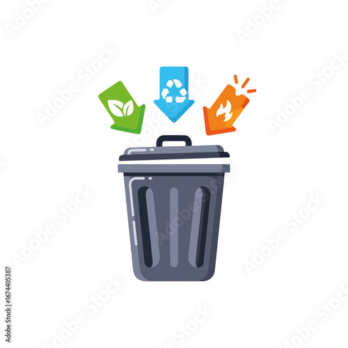 Sorting waste segregation shows trash can with arrows, indicating different waste types, symbolizing proper recycling process. Sorting waste segregation is effective for environmental awareness.