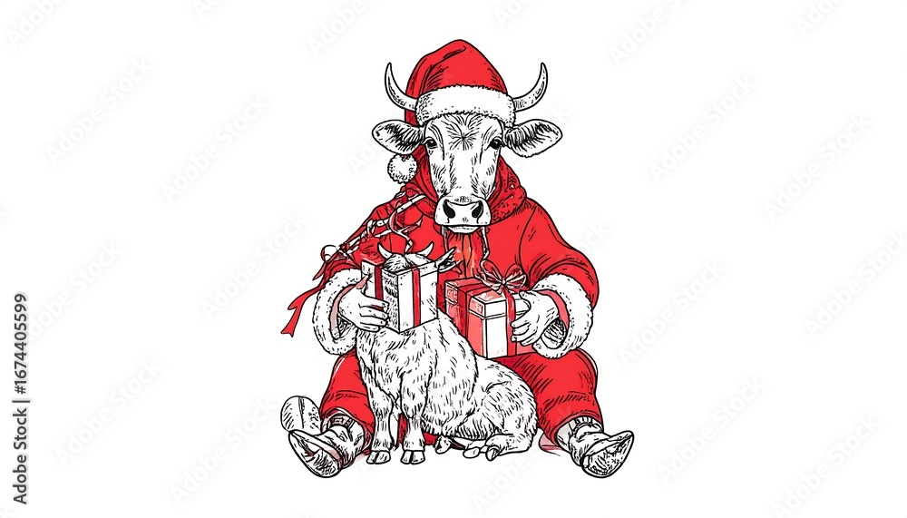 Obraz premium Christmas cow and lamb with gifts