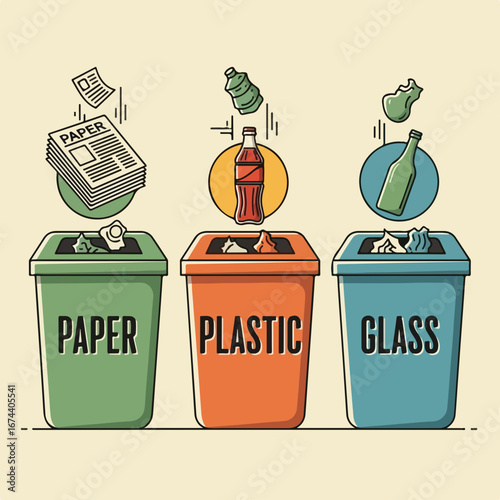 Three bins for recycling: waste sorting. Waste sorting with labeled bins for paper, glass, and plastic is efficient for environment preservation. Bins illustrate proper waste sorting and recycling.