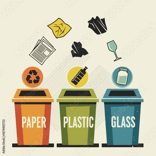 Three recycle bins for waste sorting with recycle symbol, paper, plastic, and glass ready for disposal. Waste sorting into recycle bins with different wastes promotes environmental awareness.