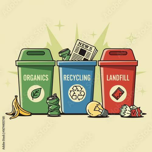 Three trash cans illustrate waste sorting and recycling concepts. Waste sorting highlights reducing trash sent to landfills, increasing recycling rates, and composting organic waste.