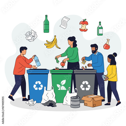 Depicting waste sorting, this scene illustrates conscious waste management, showing people segregating various items. Waste sorting demonstrates awareness of ecological issues with bins for paper,