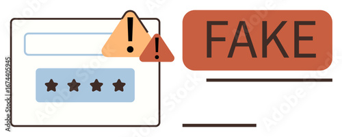 Red FAKE label with triangular warning signs displayed near a star rating box, emphasizing alertness. Ideal for digital security, fraud detection, online trust, user reviews, scams, misinformation