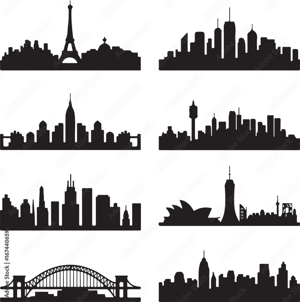 Naklejka premium Diverse Global Cityscapes A Silhouette Panorama of Iconic Landmarks and Urban Skylines Displaying Architectural Variety and Cultural Representation Across Different Continents