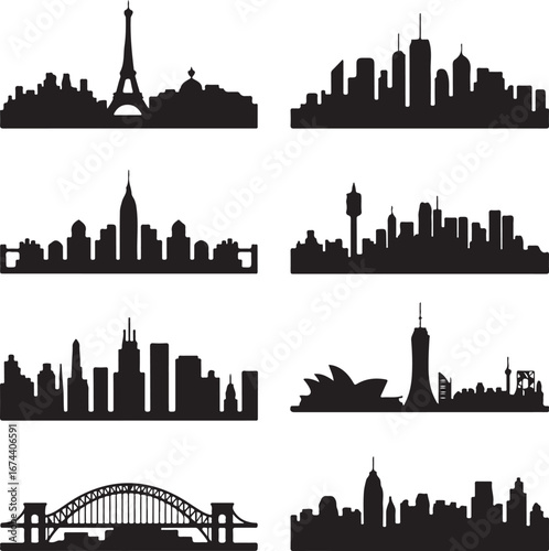 Diverse Global Cityscapes A Silhouette Panorama of Iconic Landmarks and Urban Skylines Displaying Architectural Variety and Cultural Representation Across Different Continents