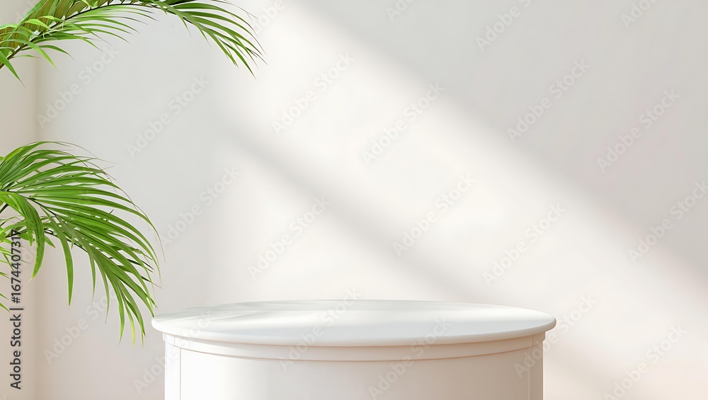 Fototapeta premium Minimal white wall with sunlight and plant shadow background