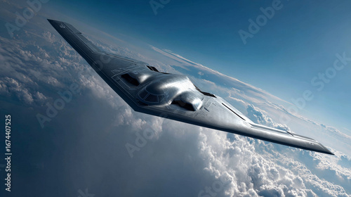 futuristic stealth bomber UAF B21-Raider bursting through clear sky