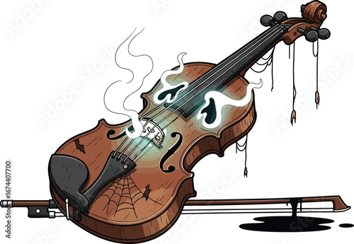 Spooky violin with ghostly smoke and a spiderweb design for halloween music art