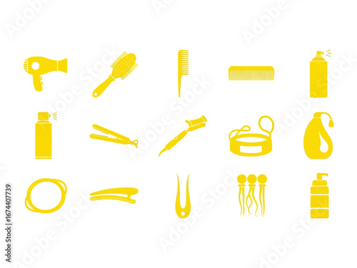 Hair Salon Essentials: A collection of various salon tools, including hairdryers, brushes, combs, hairspray, hair straightener, curler and other accessories.