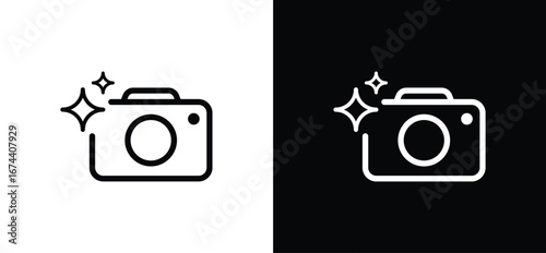 Set of AI camera icons in minimalist line vector style, sparkle stars for photo capture, enhancement and image generation, symbols for app and web UI, toolbar and buttons. Vector illustration.
