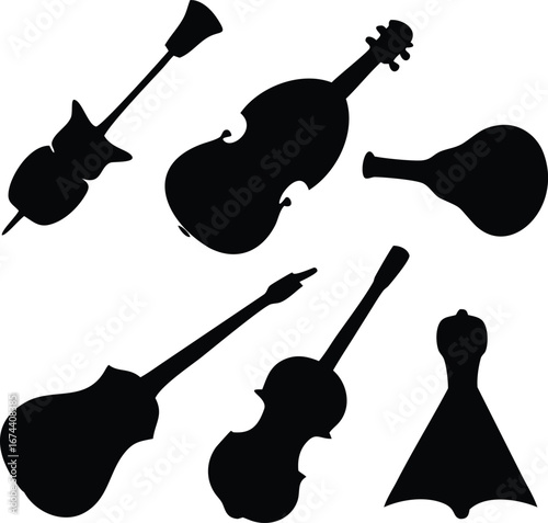 Silhouetted String Instruments Arranged Artistically Musical Composition Black Shapes Elegant Design Artistic Instruments Orchestra Ensemble
